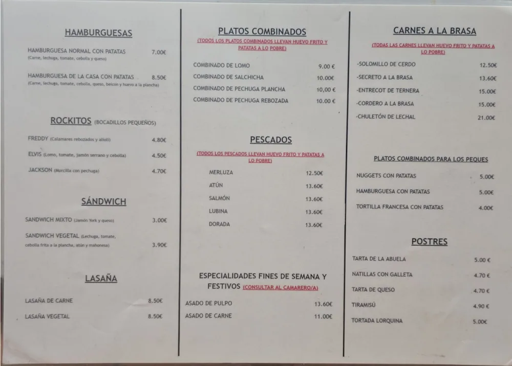 Carta de La Tasca Del Sol · Parque Almenara, página 1