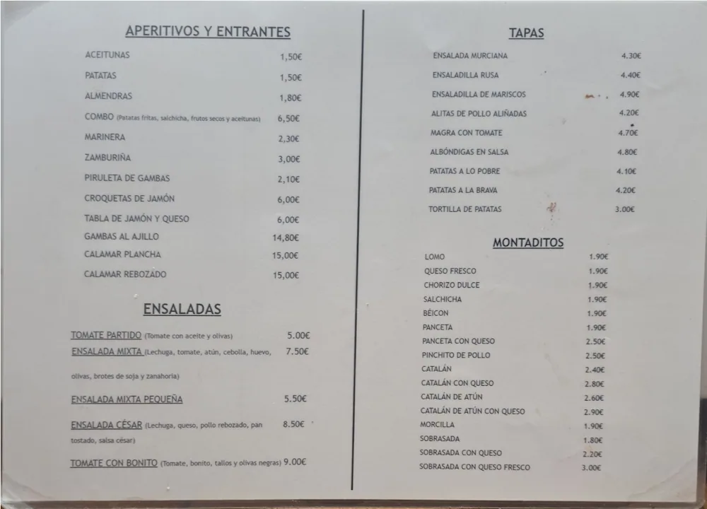 Carta de La Tasca Del Sol · Parque Almenara, página 2