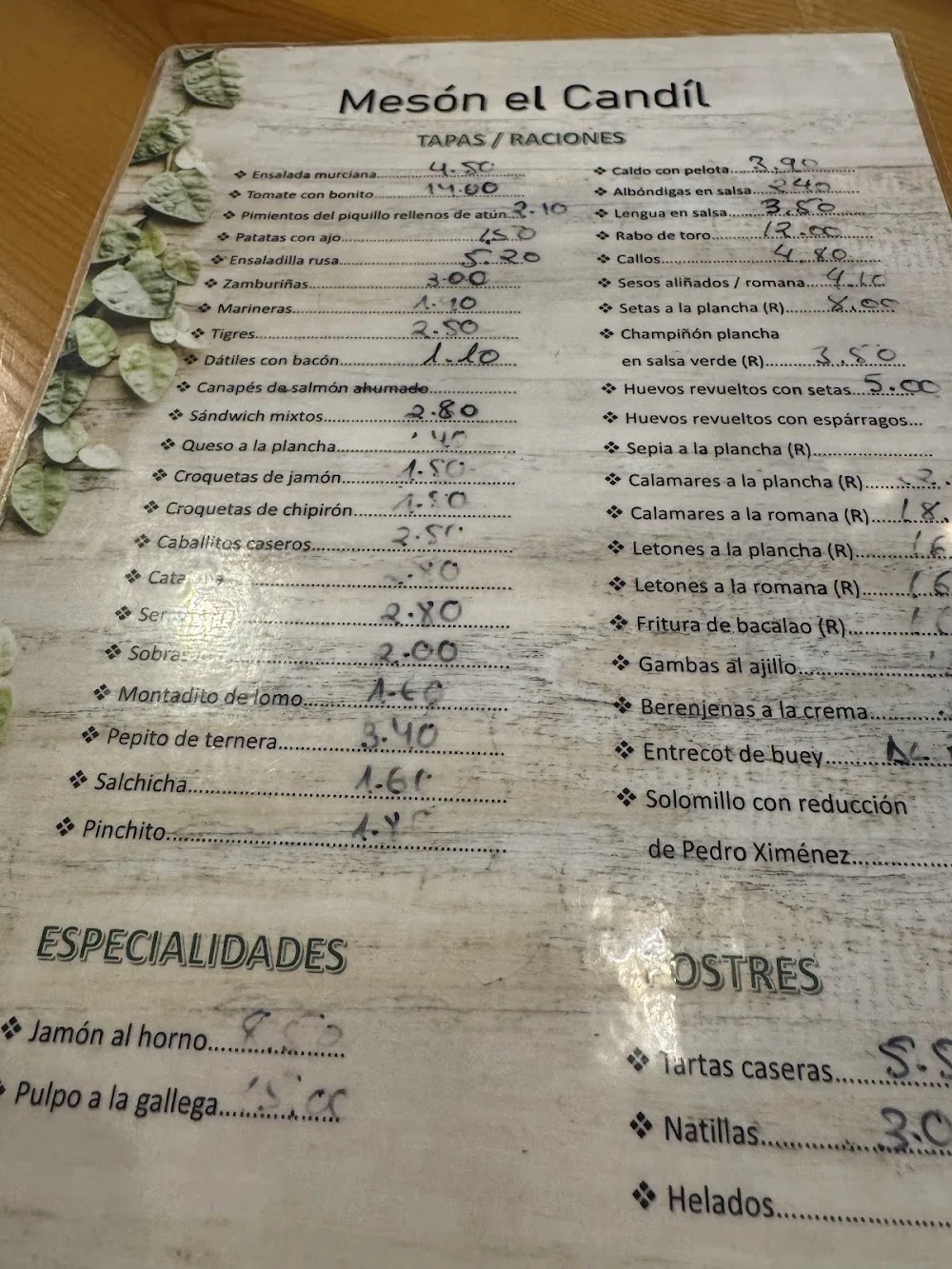 Carta de Mesón El Candil, página 1