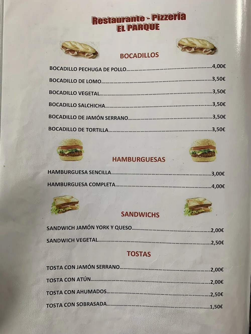 Carta de El Parque Rte. Pizzería, página 1