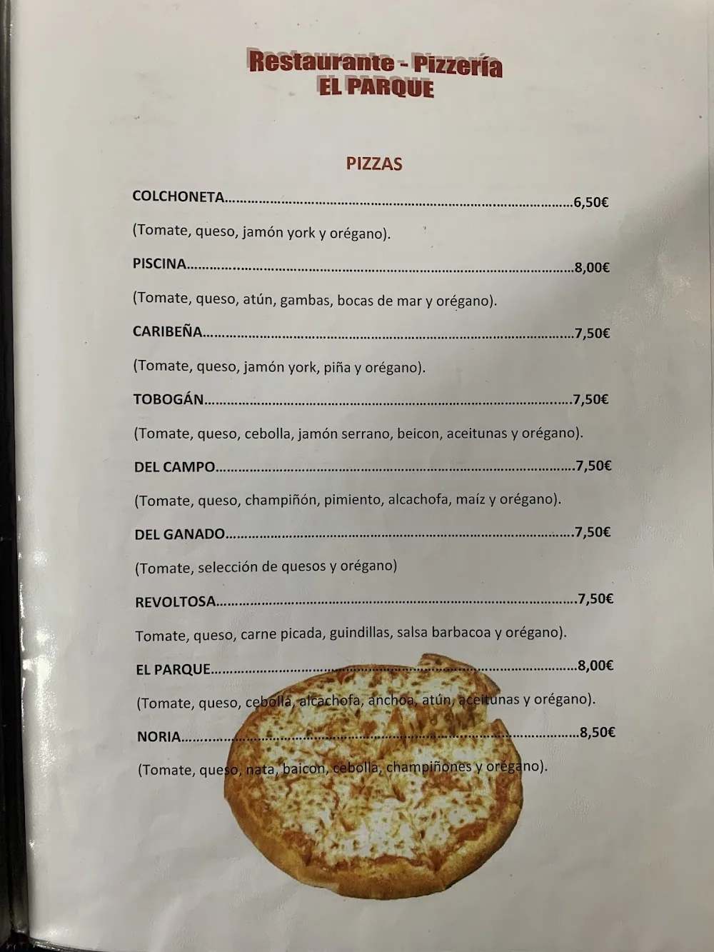 Carta de El Parque Rte. Pizzería, página 2