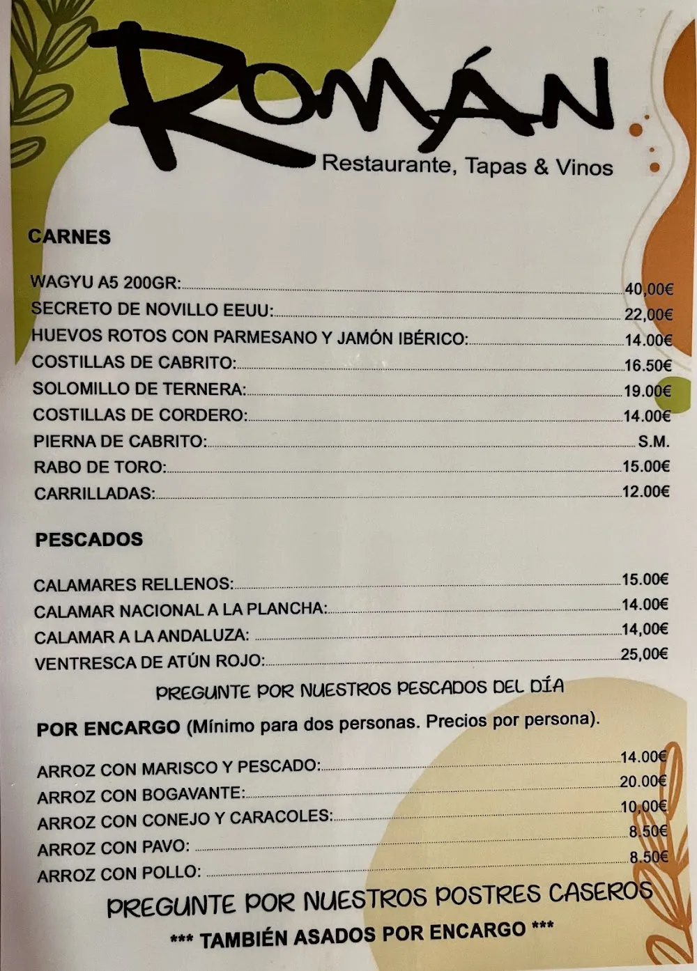 Carta de Restaurante Roman, página 1